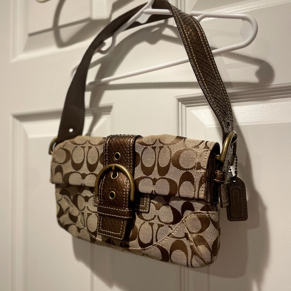 Coach brown metallic C’s with snakeskin strap and buckle.
